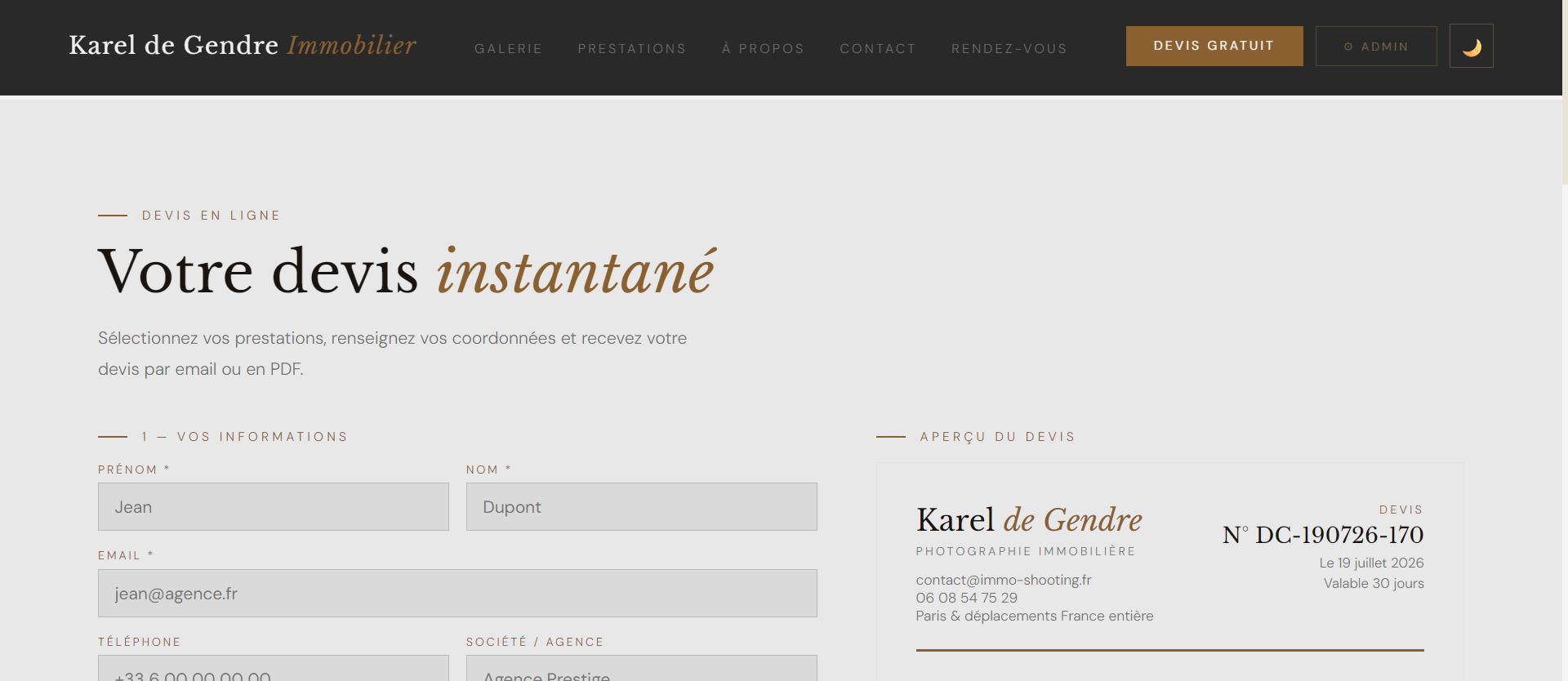 Le formulaire de devis en ligne en situation sur un site